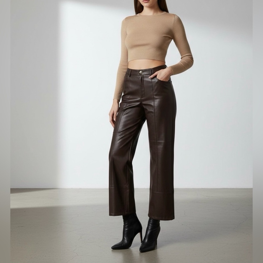 Stylish Tan and Brown Cropped fake leather Pants